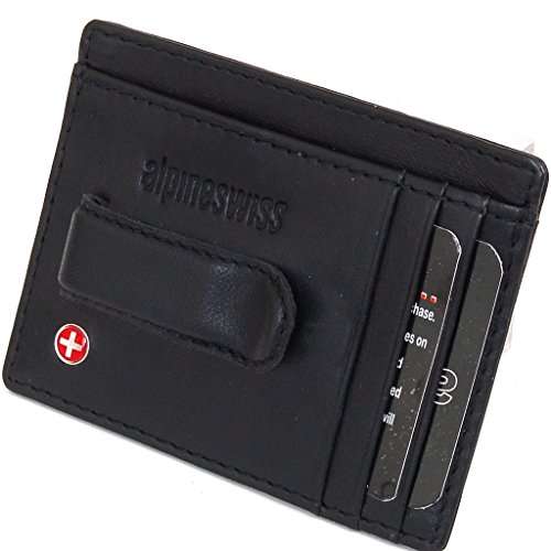 Alpine Swiss Men's Leather Money Clip Front Pocket Wallet Black