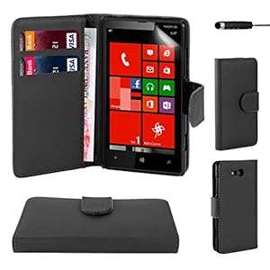 32nd Book wallet PU leather case cover for Nokia Lumia 820 screen protector clean (Book - Black)