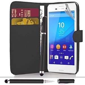 Sony Xperia M4 Aqua - Premium Leather Flip Wallet Case Cover Pouch Screen Protector With (Black)