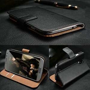 Zonewire BLACK GENUINE LEATHER WALLET FLIP CASE COVER FOR SAMSUNG GALAXY S5 & SCREEN PROTECTOR