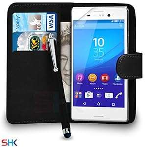 Sony Xperia M4 AQUA Premium Leather Black Wallet Flip Case Cover Pouch Big Touch Stylus (Black)