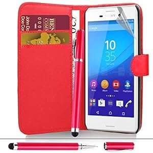 Sony Xperia M4 Aqua - Premium Leather Book Wallet Case Cover Pouch Screen Protector With M (Red)