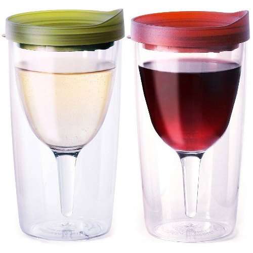 Vino2Go Set of 2 Double Wall Insulated Wine Tumblers Merlot and Verde Slide Tops Drink Lid 10 oz.