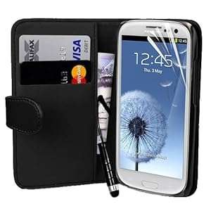 Samsung Galaxy S3 I9300 Black Side Flip Wallet Leather Case Covers Mini Stylus Screen Protector &