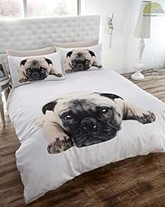 King Size Duvet Cover & 2 Pillowcase Bedding Bed Set White Pug Dog Pooch PHOTOGRAPHIC PRINT