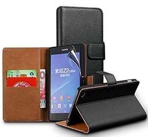 Zonewire BLACK GENUINE LEATHER WALLET FLIP CASE COVER FOR SONY XPERIA E4G & SCREEN PROTECTOR CL