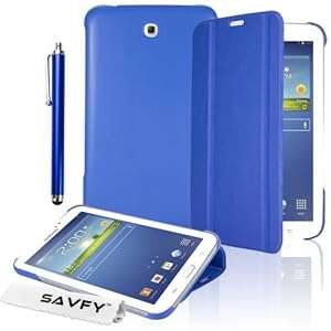 SAVFY Samsung Galaxy Tab 3 7.0 7-inch Book Cover Case Leather Stand Bonus: Scre (book case BLUE)