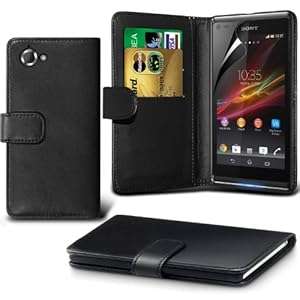 ONX3 Black Sony Xperia L Protective Faux Credit / Debit Card Leather Book Style Wallet Skin Case Cov