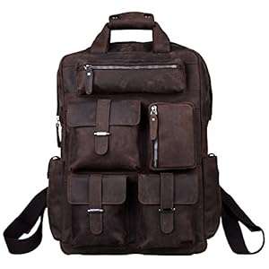 S-ZONE Mens Genuine Leather Handmade 17 inch Laptop Backpack Rucksack Multi Pockets Travel Spor