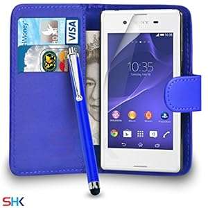 Sony Xperia E3 Premium Leather Blue Wallet Flip Case Cover Pouch Big Touch Stylus Pen Sc (Blue)