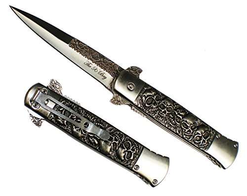 9" Black Embedded Skull Handle & Blade Michael Corleone Milano Godfather Style Pocket Knife