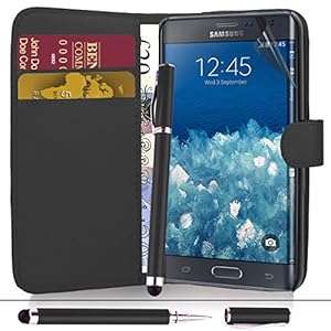 Samsung Galaxy Note Edge - Premium Leather Wallet Flip Case Cover Pouch Screen Protector (Black)