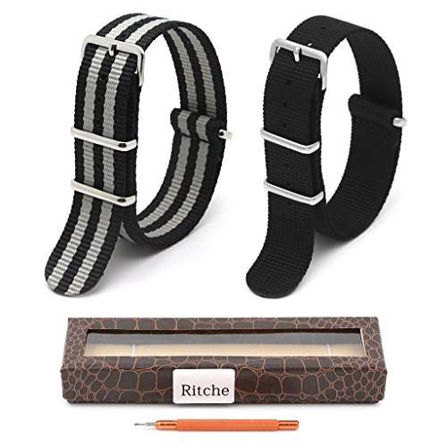 2pc Ritche 22mm Nylon Striped Blackï¼black/gray Interchangeable Replacement Watch Strap Band