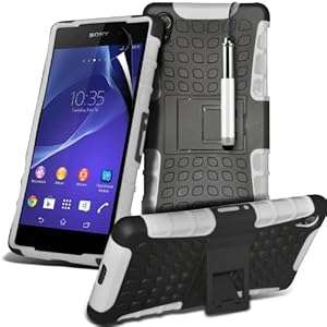 ONX3 White Sony Xperia Z2 Protective Heavy Duty Shockproof Stand Hard Back Skin Case Cover Retractab