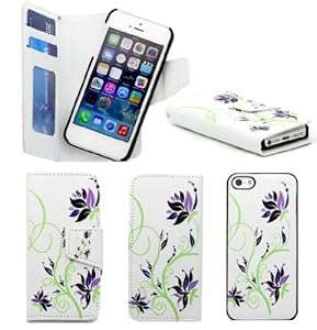 Apple iPhone 5 / 5S Purple Floral Print Pu Leather Book Magnetic Flip Wallet Case Cover Pouch W