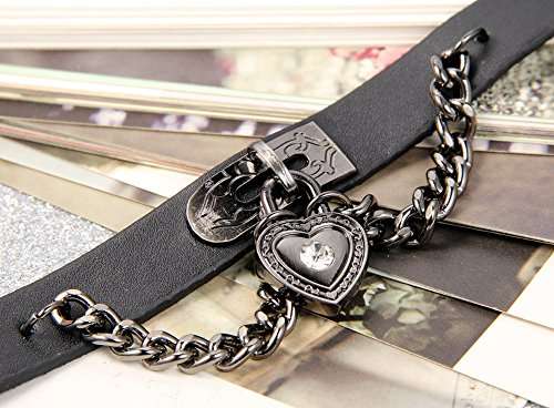 Flongo Fashion Women Men Cool Punk Goth Heart-Shape Lock Link Leather Collar Choker Necklace