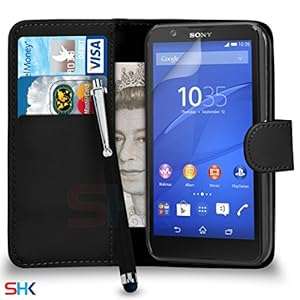 Sony Xperia E4 Premium Leather Black Wallet Flip Case Cover Pouch Big Touch Stylus Pen (Black)