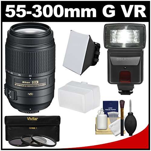 Nikon 55-300mm f/4.5-5.6G VR DX AF-S ED Zoom-Nikkor Lens with 3 Filters + Flash & 2 Diffusers + Kit