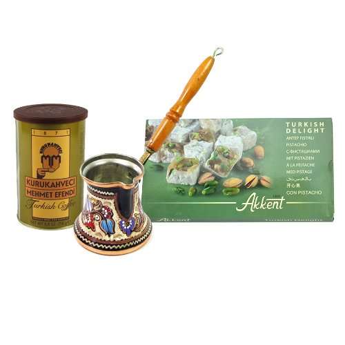 Decorated Turkish Coffee Pot (cezve/ibrik) Large 12 oz By Turkish Coffee World with Turkish Delight