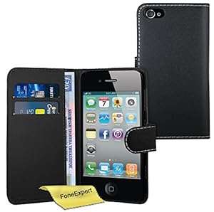 iPhone 4 4s Case FoneExpert Premium Leather Flip Wallet Book Case Cover For Apple iPhone (Black)