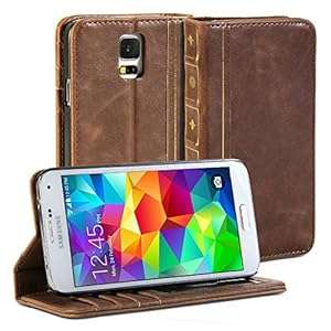 GMYLE Book Case Vintage for Galaxy S5 - Brown Classic Premium Leather Wallet Stand Case Cover