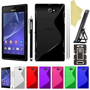 BAAS Sony Xperia M2 - Stylish Black S Line Gel Case Cover Touch Screen Stylus Pen 2X Screen Protec