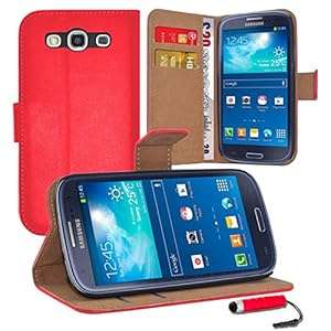Samsung Galaxy S3 Neo - Premium Quality 100% Genuine Leather Wallet Flip Case Cover Pouch W (Red)