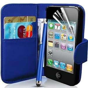 Apple iPhone 4 and 4S Blue Wallet Case Cover Screen Protector Polishing Cloth & Touch Screen S