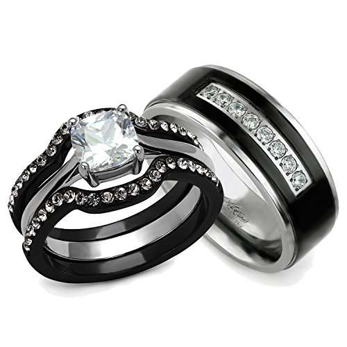 His and Hers Wedding Ring Sets Couples Matching Rings - Women's Steel Wedding Rings & Men's Titanium