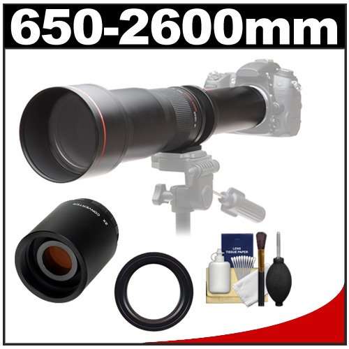 Vivitar 650-1300mm f/8-16 Telephoto Lens (Black) with 2x Teleconverter (=2600mm) + Accessory Kit for