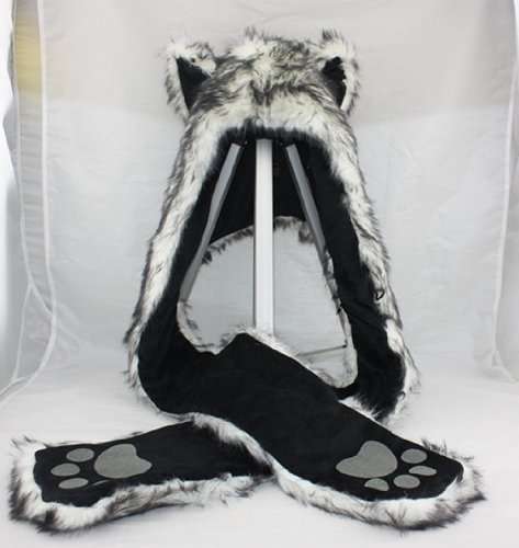 Trendy Wolf Hood Faux Fur Hat with Scarf Mittens Ears and Paws Spirit 3 in 1