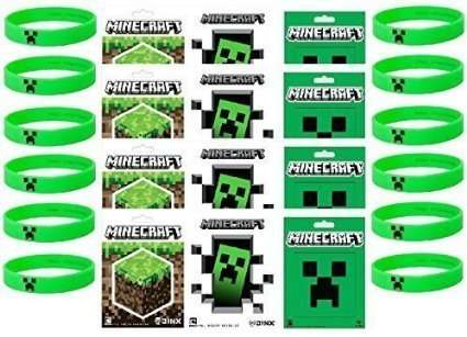 Minecraft Party Bag Fillers with 12 Official Minecraft Creeper Wristbands and 12 Official Mine Craft