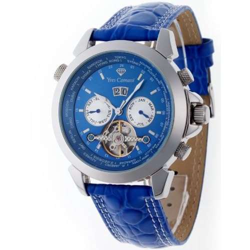 YVES CAMANI Men's Worldtimer Automatic 45mm Blue Luxury Leather Watch w/ GOLD GIFT BOX