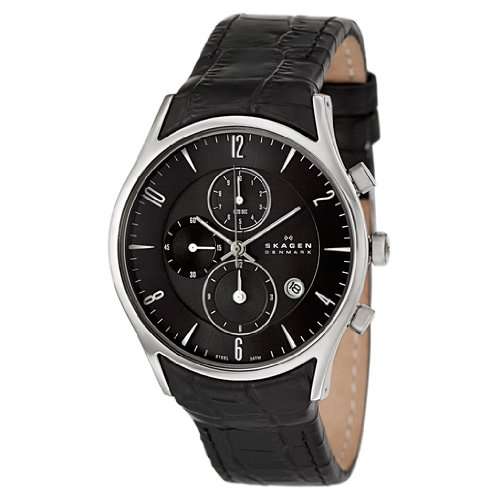 Skagen Men's 329XLSLB Black Dial Chronograph With Black Leather Band Watch