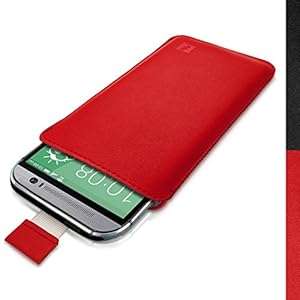 iGadgitz Premium Pouch Sleeve Red Leather Case Cover for HTC One M8 2014 with Pull Tab