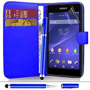 Sony Xperia E4G - Premium Leather Book Wallet Case Cover Pouch Screen Protector With Micr (Blue)