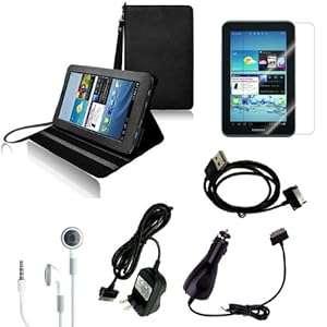 Black Stand Leather Case with Charger and Screen Protector For Samsung Galaxy Tab 2 7.0 (6-item)