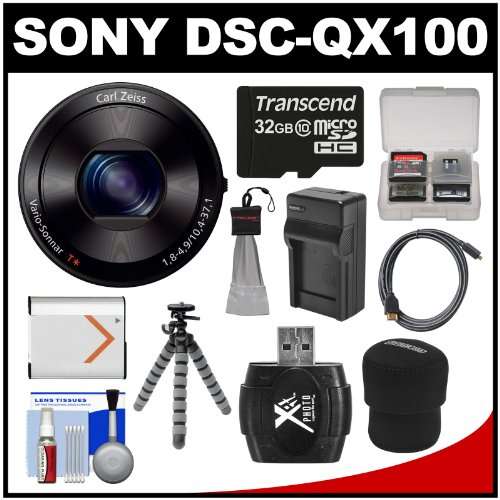 Sony Cyber-Shot DSC-QX100 Smartphone Attachable Lens-Style Digital Camera (Black) with 32GB Card + C