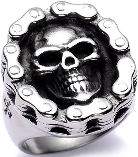 Men's Stainless Steel Big Skull Ring Bike High End Polished Silver Tone (8)
