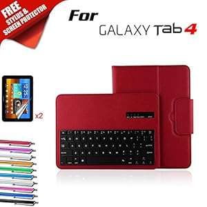Kool(TM) Samsung Galaxy Tab 4 10.1 inch T530 Red Leather Bluetooth Keyboard Case Cover Foli (Red)