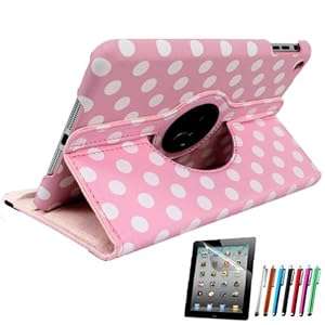 Jonkey 360 Rotating Polka Dot Cover PU Cas With Screen Protector And Pen for iPad Mini Pink