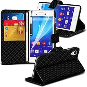 (Black) Carbon Fibre Case for Sony Xperia M4 Aqua Wallet case Elegant Clasic Faux (Wallet + Pen)
