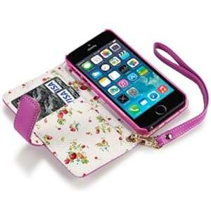 Terrapin PU Leather Wallet Case/Cover/Pouch/Hol... with Floral Interior for iPhone 5S - Hot Pink