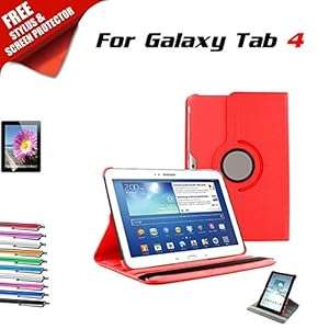 Kool(TM) Samsung Galaxy Tab 4 10.1 Leather Cover Red Leather Smart Case [360 Degrees Rotati (Red)