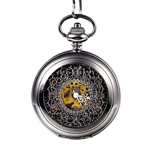 Mudder Steampunk Mechanical Style Skeleton Tungsten Steel Windup Mens Pocket Watch Roman Numerals Sc