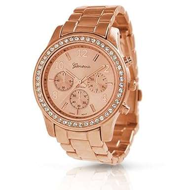 Geneva Rose Gold Plated Classic Round CZ Ladies Boyfriend Watch