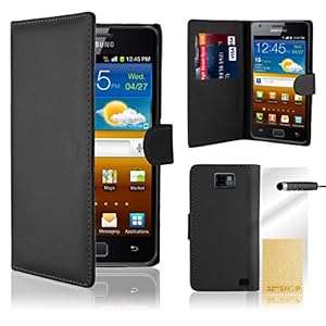 Black Flip Wallet Leather CASE COVER FOR SAMSUNG GALAXY i9100 S2 Free Screen Protector Cloth and st