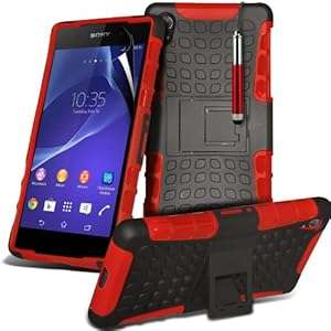 ONX3 Red Sony Xperia Z2 Protective Heavy Duty Shockproof Stand Hard Back Skin Case Cover Retractable
