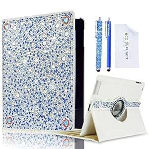 iPad Case - Rotating Faux Leather Bling Case Compatible with Apple iPad 4 iPad 3 iPad 2 - (Blue)