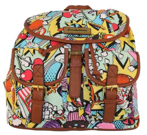 Punk Pop Art Print Twin Pocket Backpack / Rucksack / School Bag with brown trim